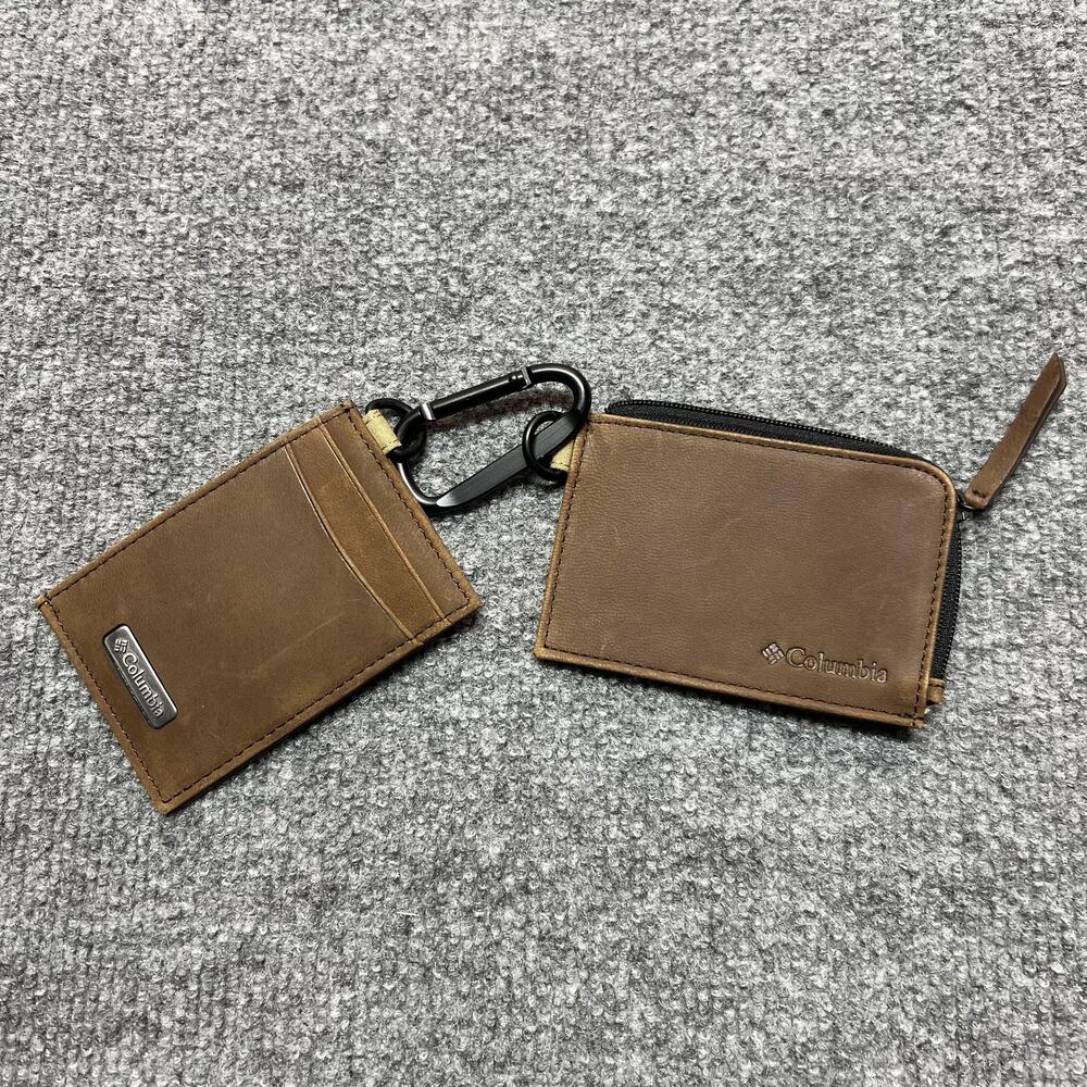 Columbia Wallet Mens Brown Leather Zip ID Coin Card Case Carabiner Clip Compact